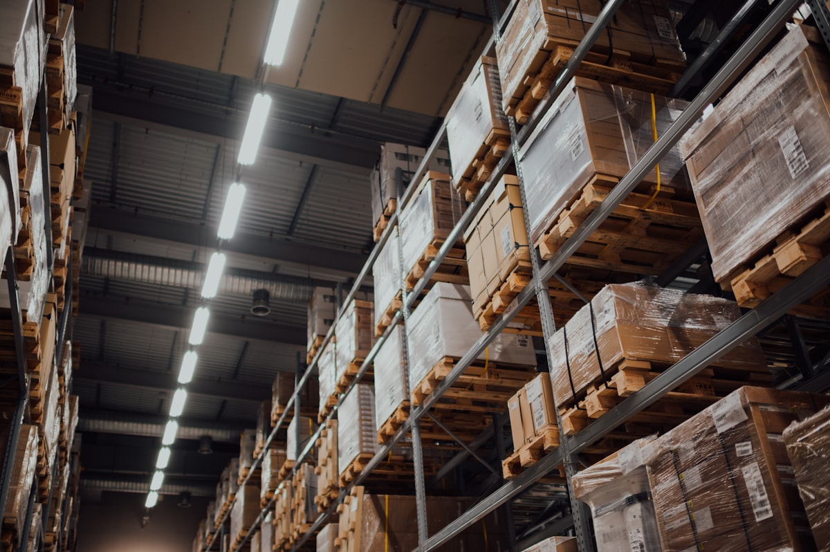 Racked pallets in a distribution warehouse
